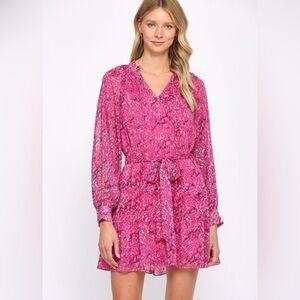 Fate Animal Print With Lurex Chiffon Tie Waist Dress In Hot Pink